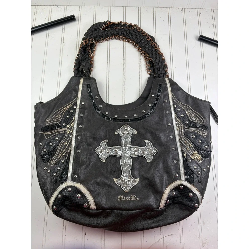Miss Me Vintage Y2K Black Leather Sequin Cross Wing Studded Western Hobo Bag